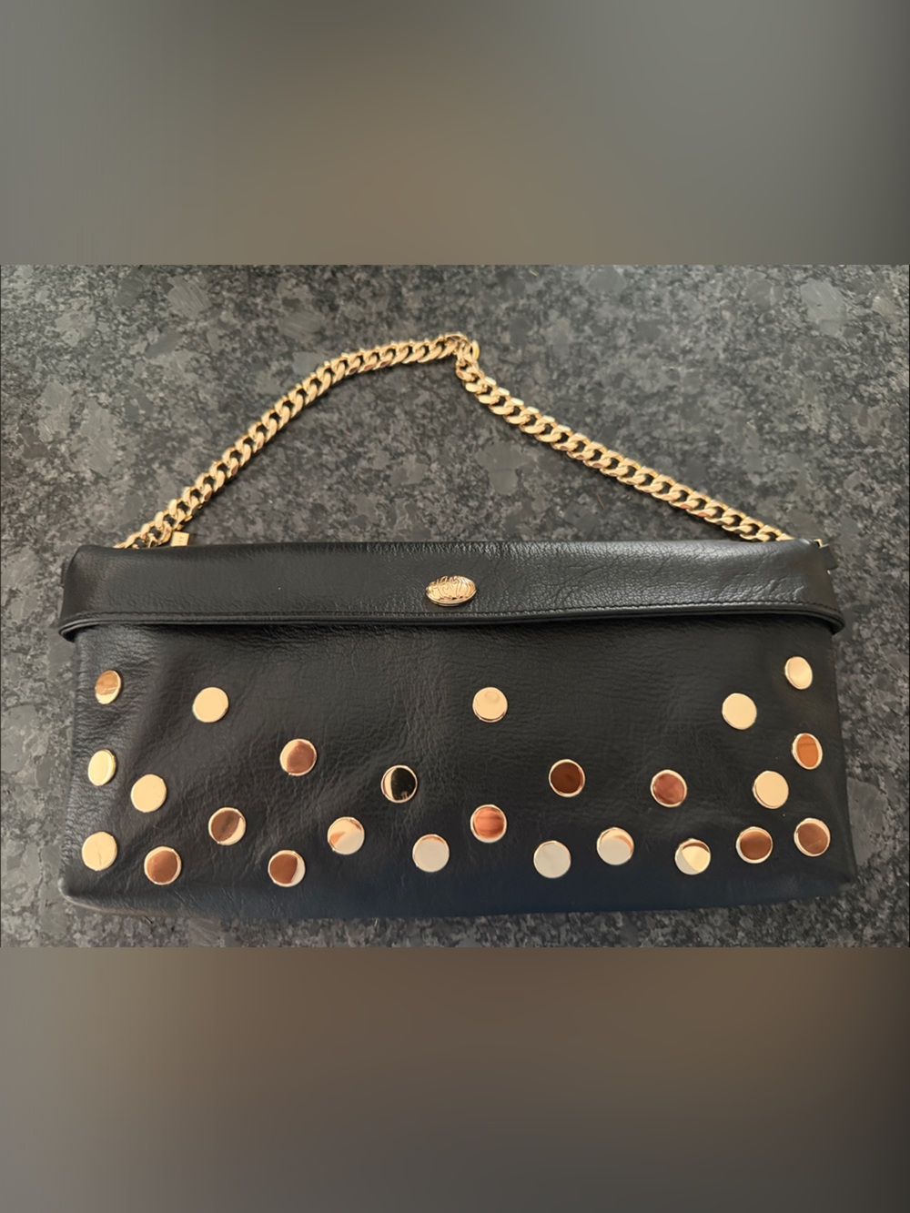 Black Leather Clutch with Gold Studs and Chain Strap